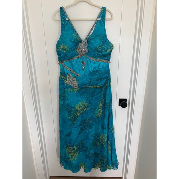 Marsoni Vintage 100% Silk Beaded Embellished Long Gown Turquoise Dress Size 18 - Picture 1 of 3